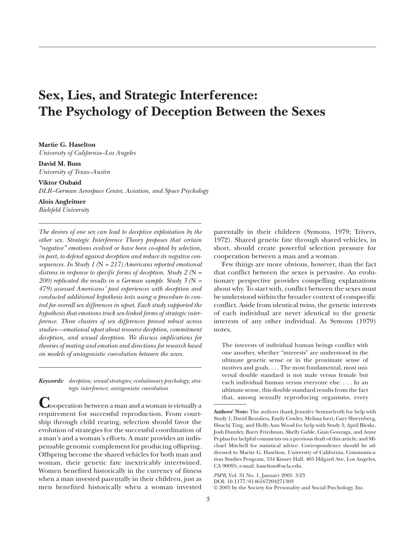 Pdf Sex Lies And Strategic Interference The Psychology Of Deception Between The Sexes 5782