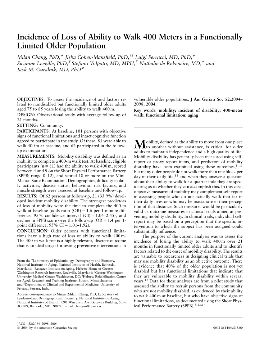 Pdf) Incidence Of Loss Of Ability To Walk 400 Meters In A Functionally Limited Older Population