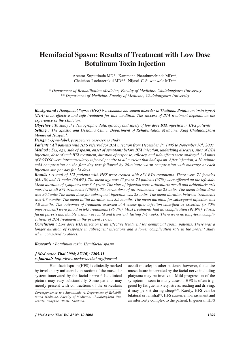 PDF) Hemifacial spasm Results of treatment with low dose botulinum toxin injection pic