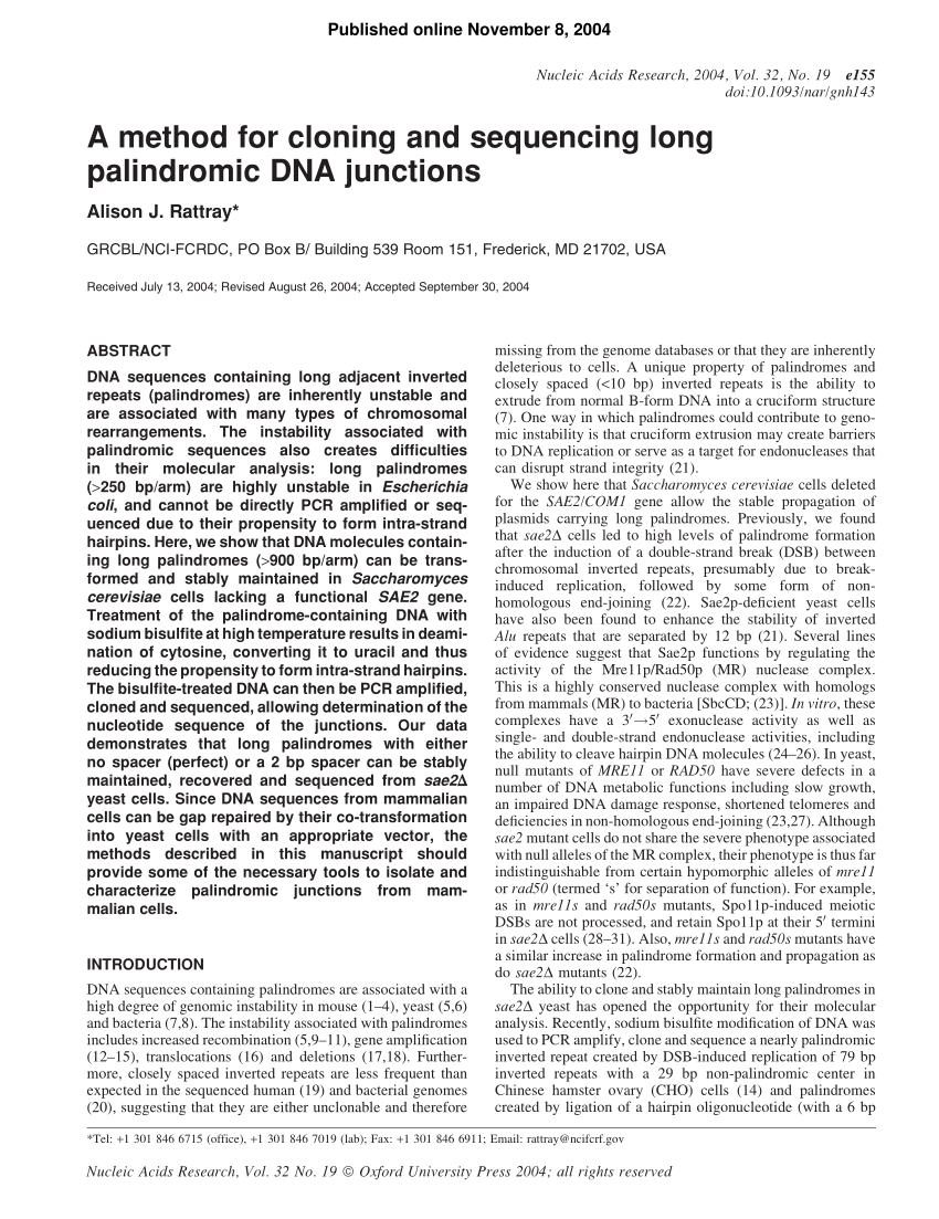 Pdf A Method For Cloning And Sequencing Long Palindromic Dna Junctions