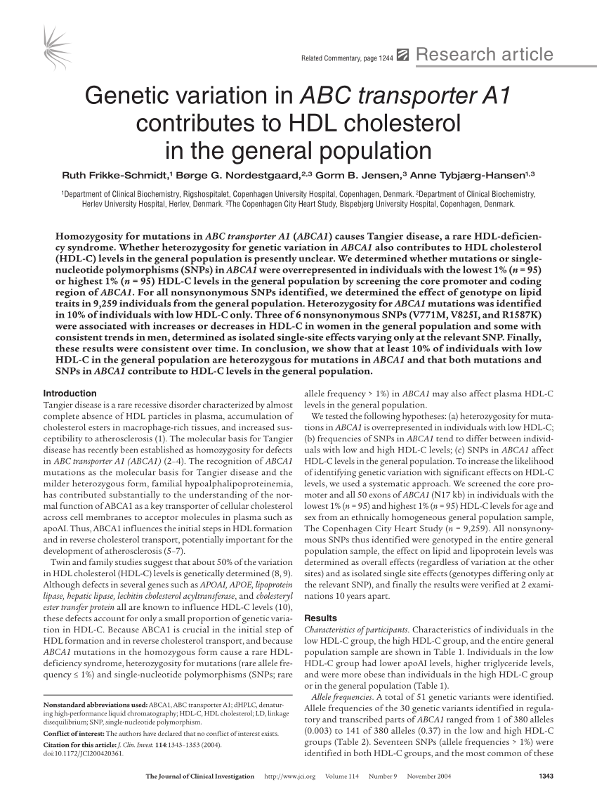 Pdf Genetic Variation In Abc Transporter A1 Contributes To Hdl