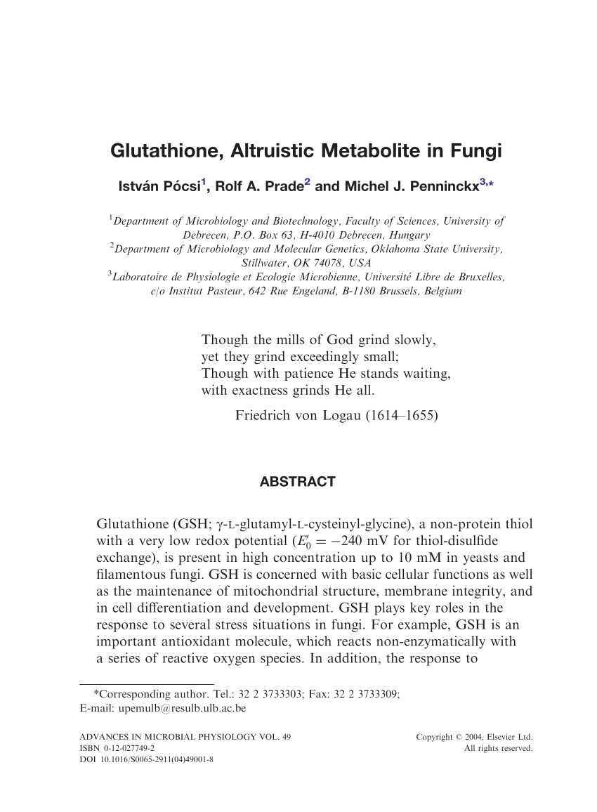 Pdf Glutathione Altruistic Metabolite In Fungi