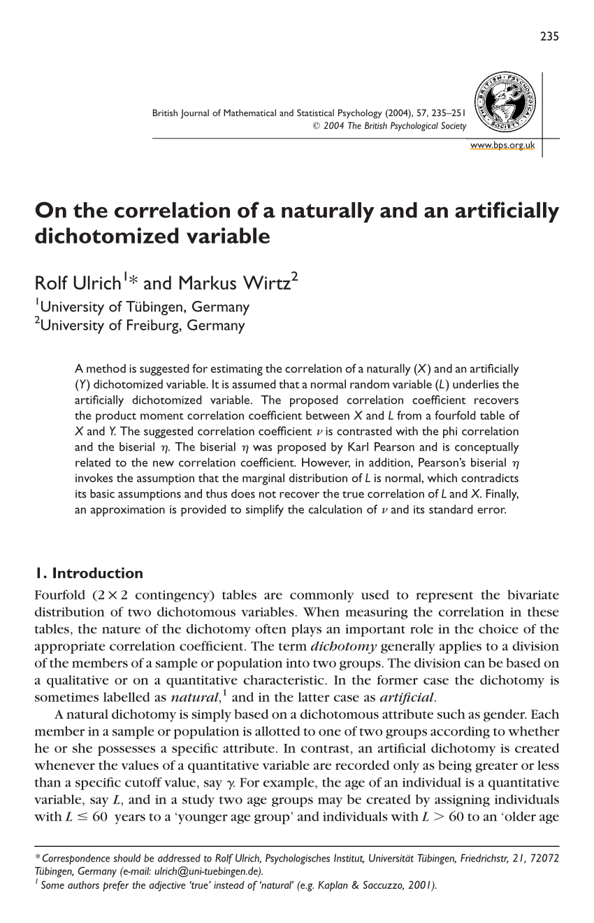 Pdf On The Correlation Of A Naturally And An Artificially Dichotomized Variable