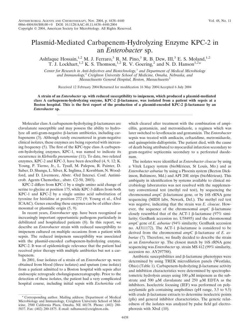 Pdf Plasmid Mediated Carbapenem Hydrolyzing Enzyme Kpc 2 In An