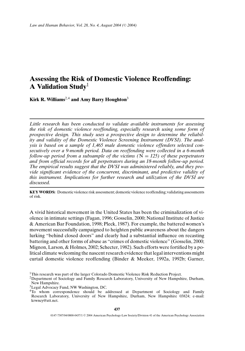 Pdf Assessing The Risk Of Domestic Violence Reoffending A Validation Study