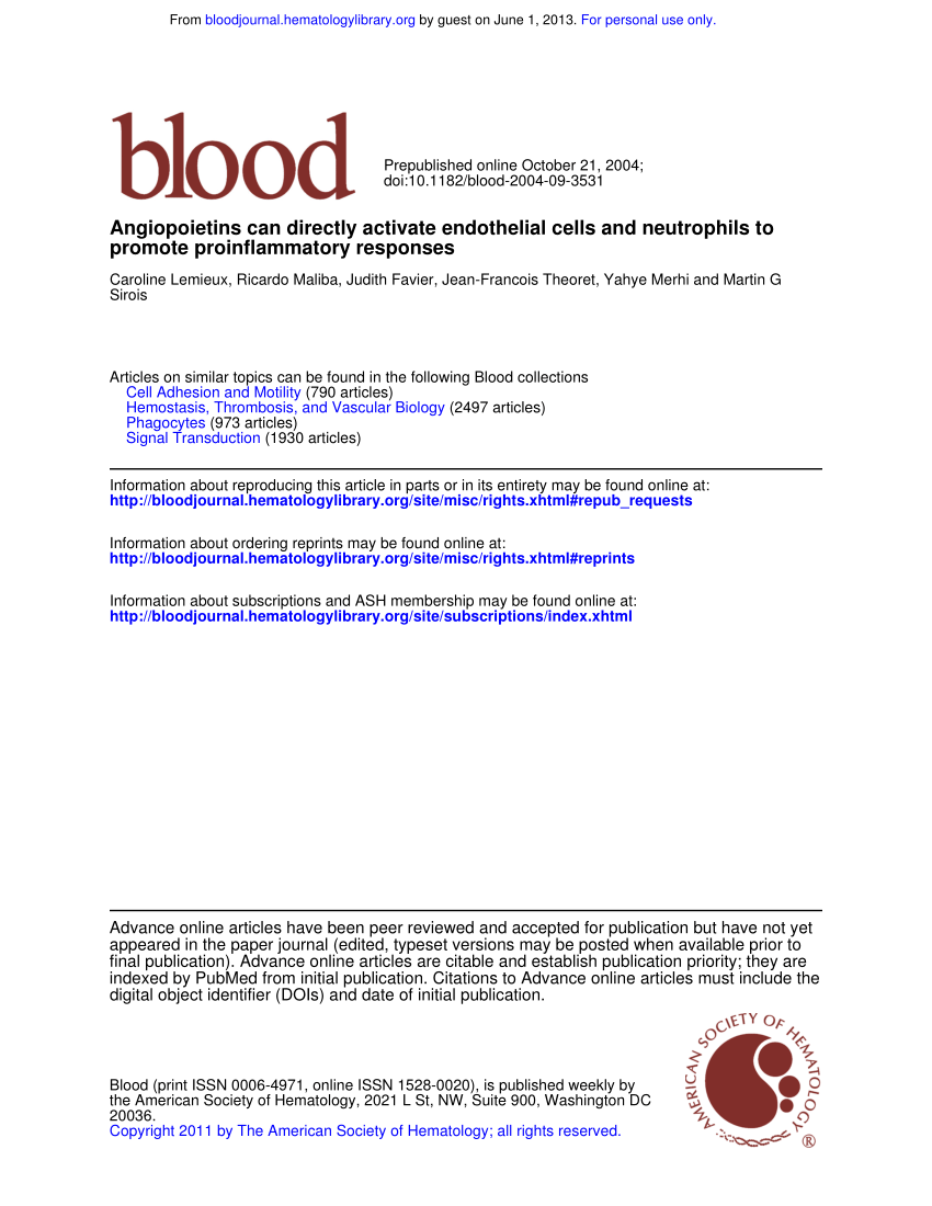 Pdf Lemieux C Maliba R Favier J Theoret Jf Merhi Y Sirois Mgangiopoietins Can Directly Activate Endothelial Cells And Neutrophils To Promote Proinflammatory Responses Blood 105 1523 1530
