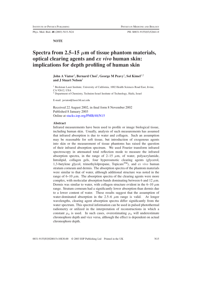 Pdf Spectra From 2 5 15 Mm Of Tissue Phantom Materials Optical Clearing Agents And Ex Vivo Human Skin Implications For Depth Profiling Of Human Skin