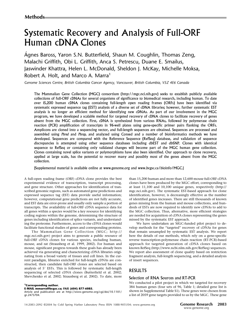 PDF) Systematic Recovery and Analysis of Full-ORF Human cDNA Clones
