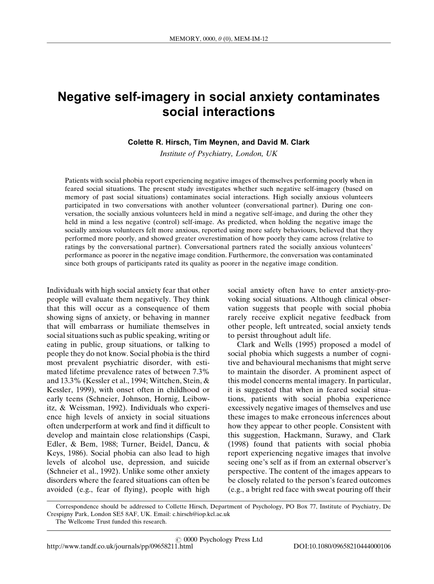 Pdf Negative Self Imagery In Social Anxiety Contaminates Social Interactions