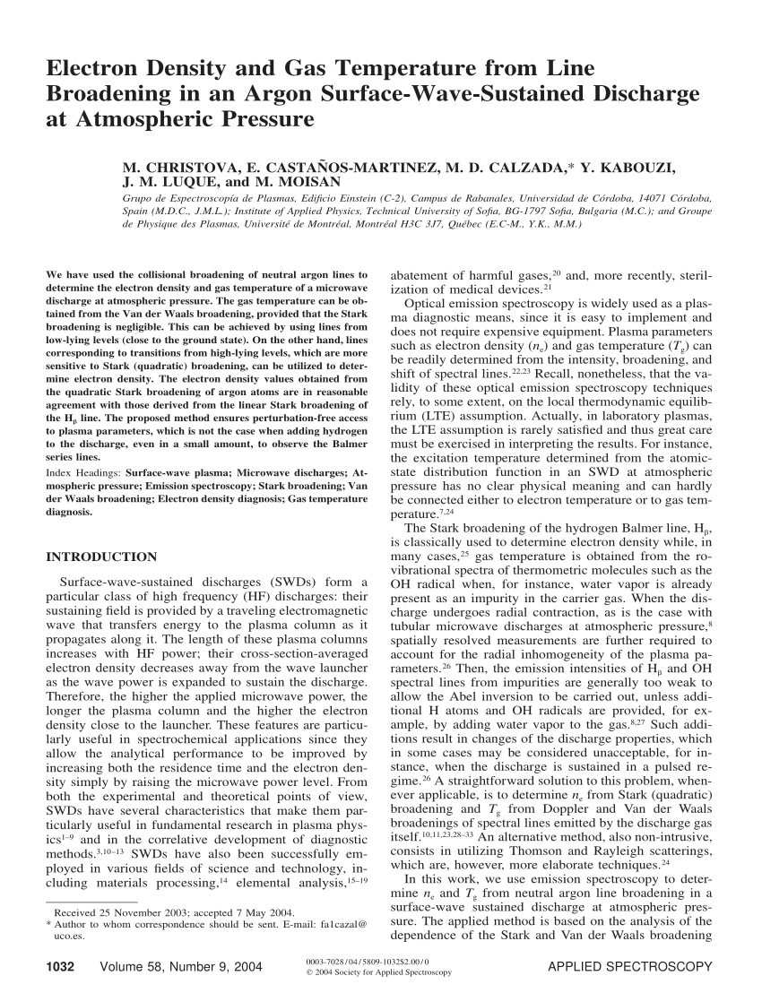 Pdf Electron Density And Gas Temperature From Line Broadening In An Argon Surface Wave Sustained Discharge At Atmospheric Pressure