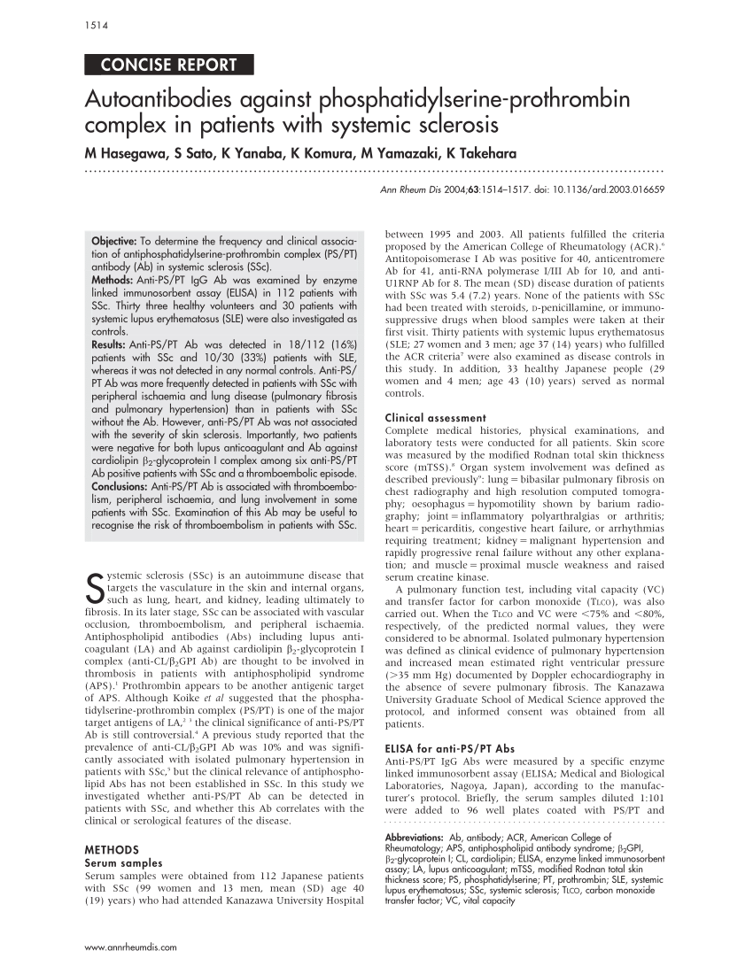 Pdf Autoantibodies Against Phosphatidylserine Prothrombin Complex In