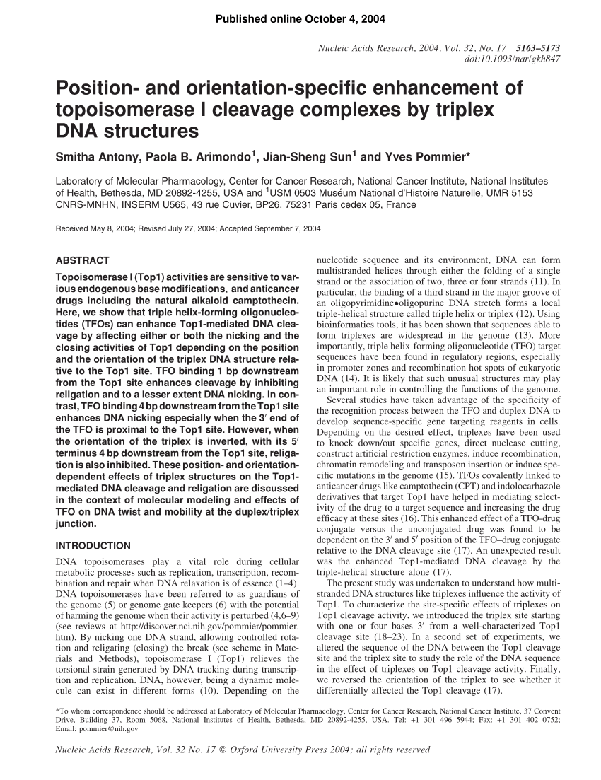 Pdf Antony S Arimondo P B Sun J S Pommier Y Position And Orientation Specific Enhancement Of Topoisomerase I Cleavage Complexes By Triplex Dna Structures Nucleic Acids Res 32 5163 5173