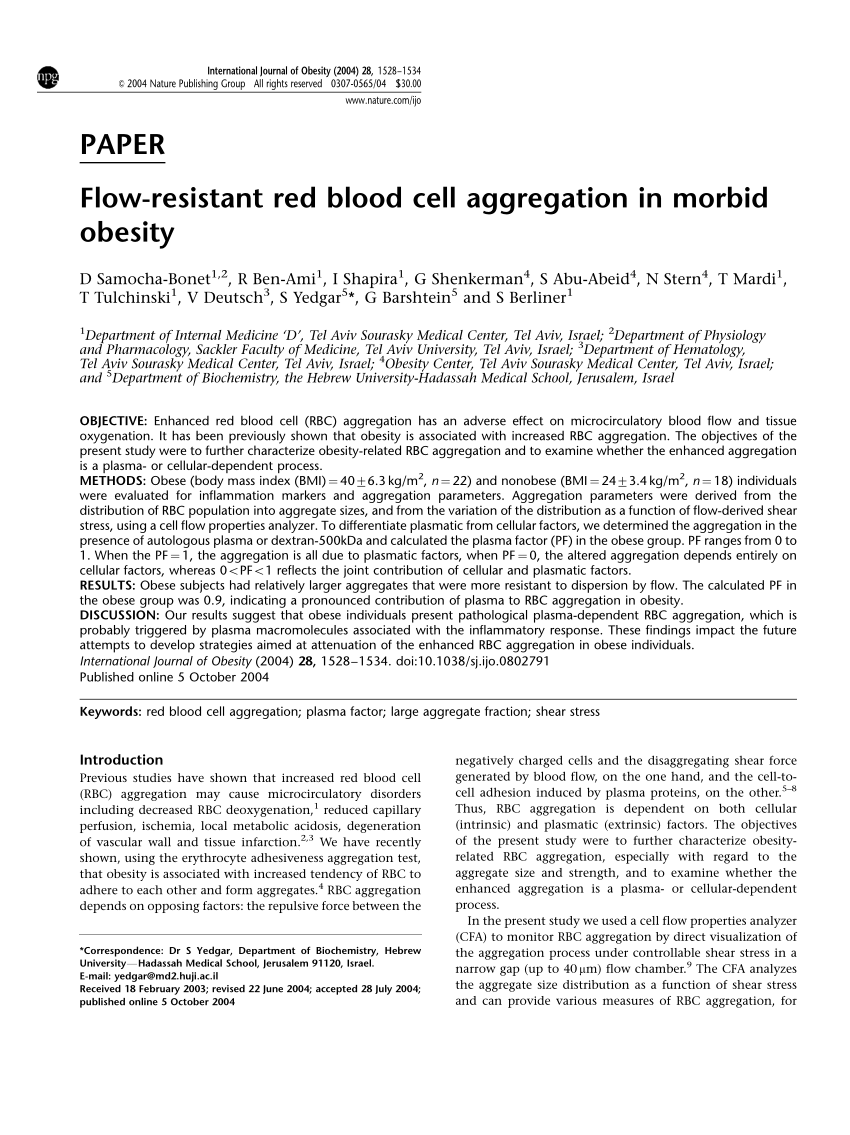 Pdf Flow Resistant Red Blood Cell Aggregation In Morbid Obesity
