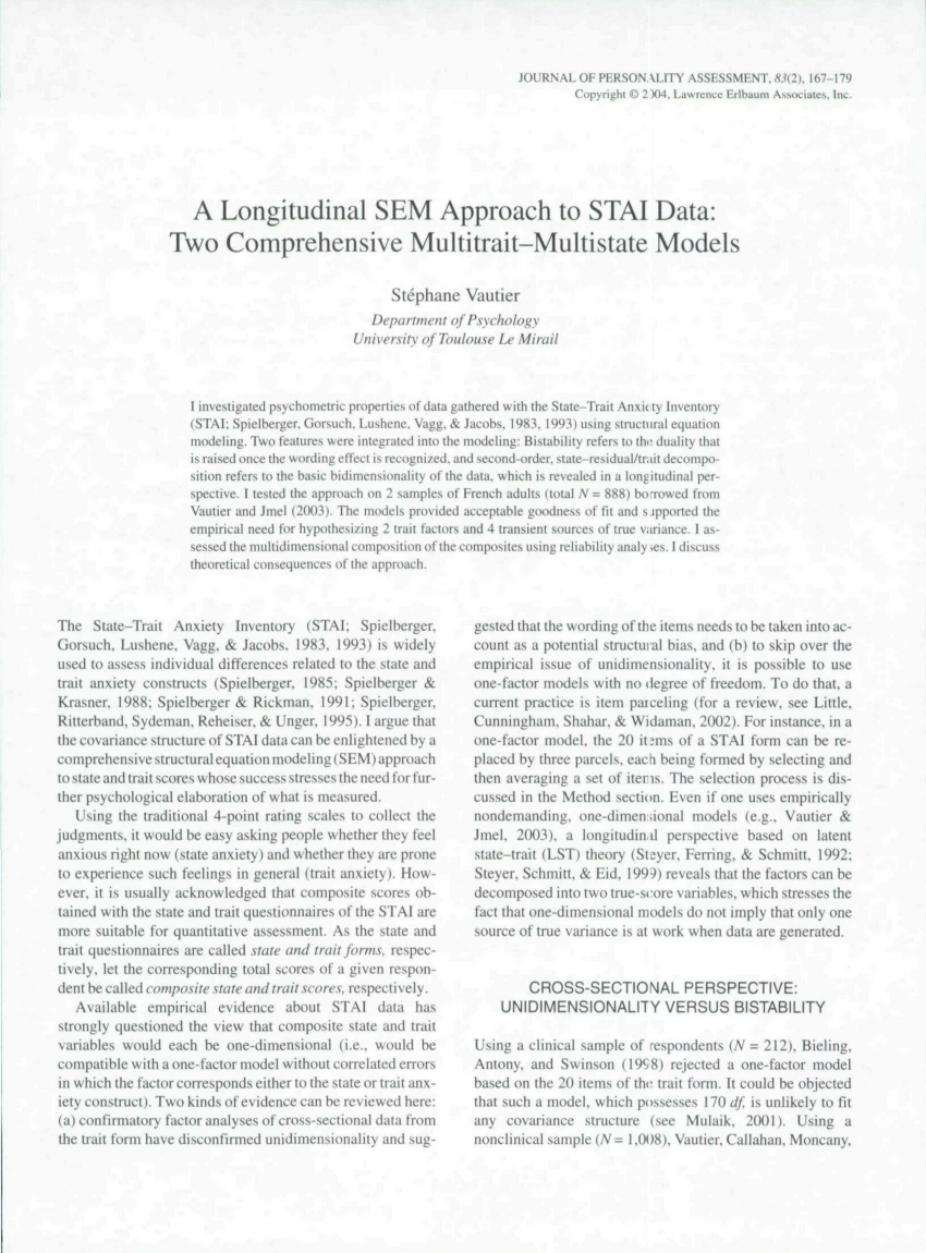Pdf A Longitudinal Sem Approach To Stai Data Two Comprehensive Multitrait Multistate Models