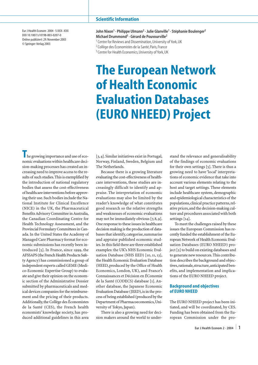 PDF) The European Network of Health Economic Evaluation Databases (EURO  NHEED) project