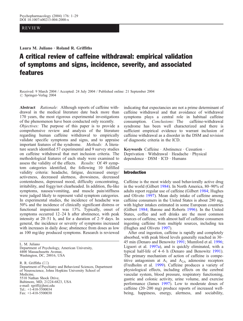 Pdf A Critical Review Of Caffeine Withdrawal Empirical Validation Of Symptoms And Signs Incidence Severity And Associated Features