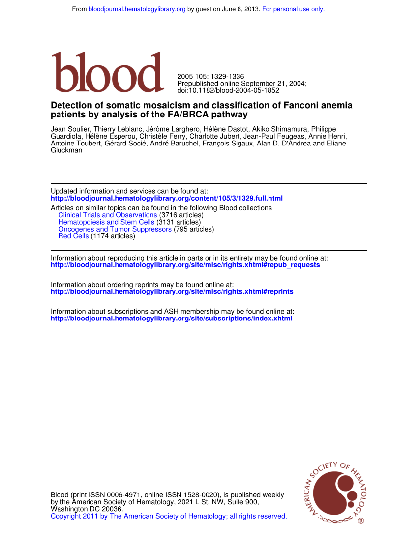 Pdf Detection Of Somatic Mosaicism And Classification Of Fanconi Anemia Patients By Analysis Of The Fa Brca Pathway