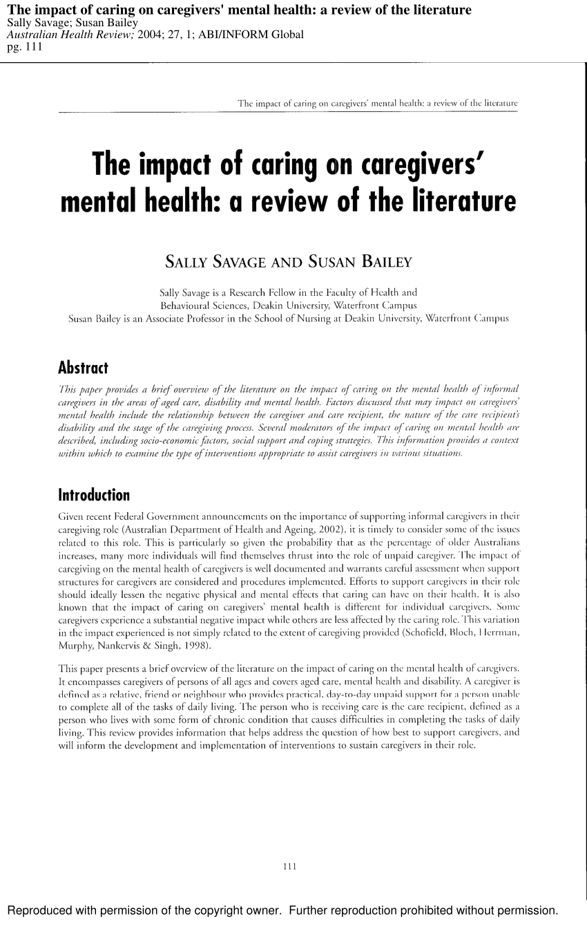 Pdf The Impact Of Caring On Caregivers Mental Health A Review Of The Literature