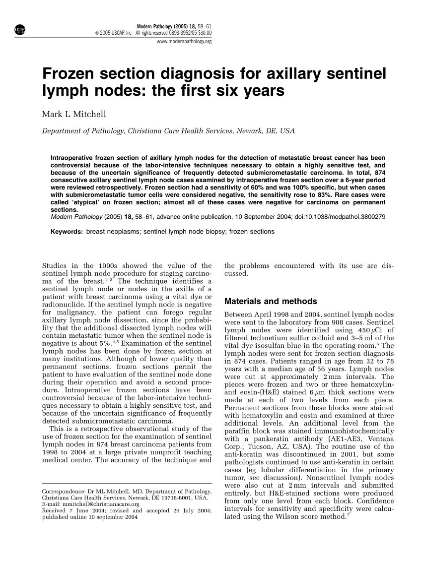 Pdf Frozen Section Diagnosis For Axillary Sentinel Lymph Nodes The First Six Years 