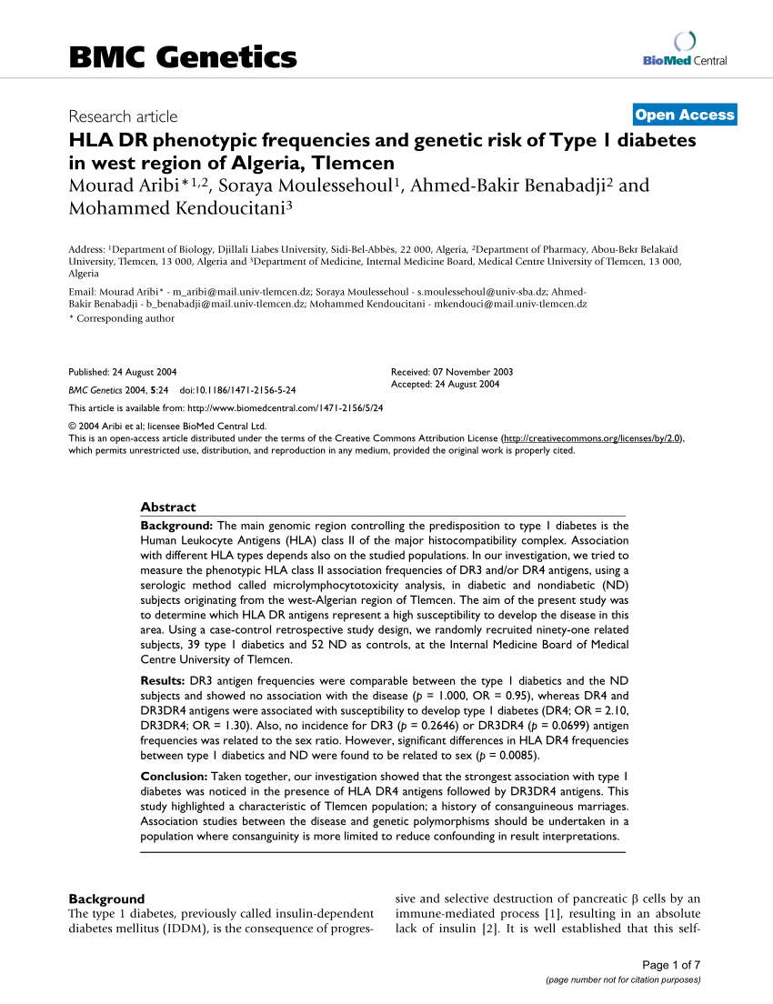 Pdf Hla Dr Phenotypic Frequencies And Genetic Risk Of Type 1 Diabetes In West Region Of Algeria Tlemcen