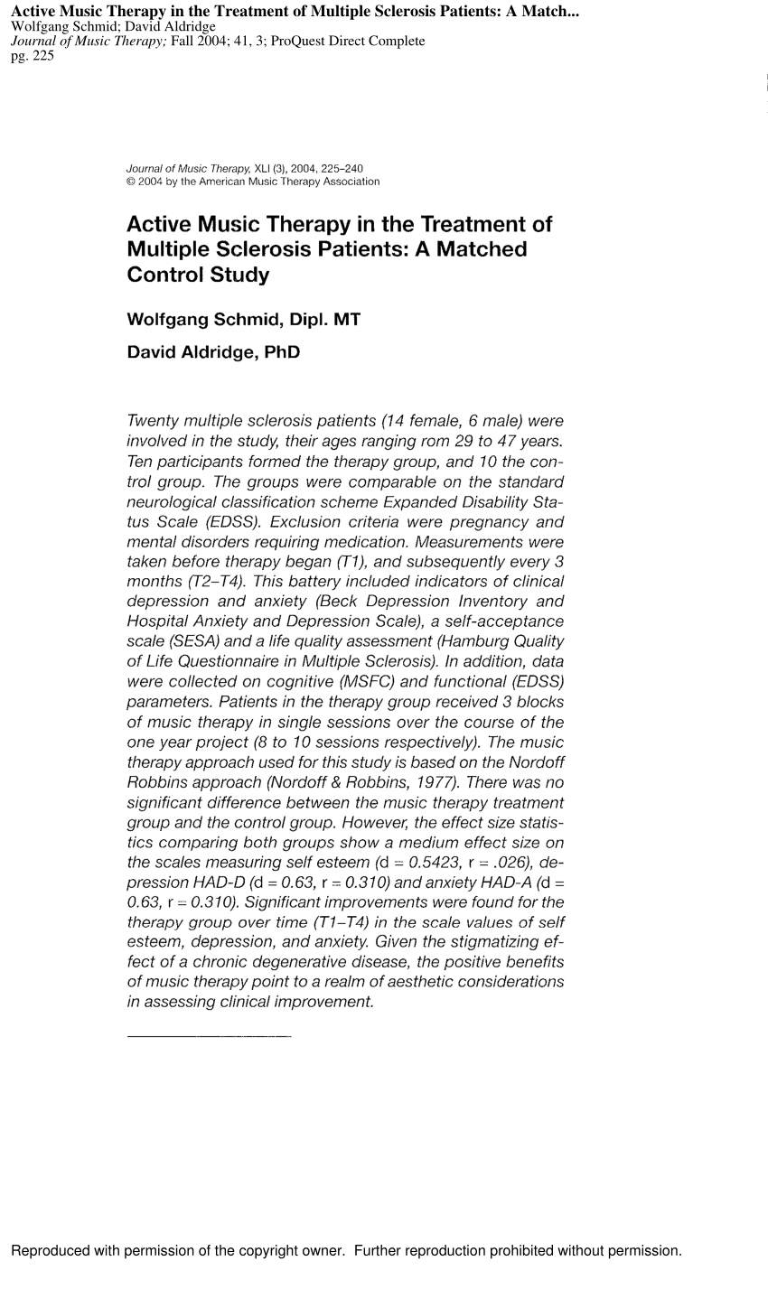 Pdf Active Music Therapy In The Treatment Of Multiple Sclerosis Patients A Matched Control Study