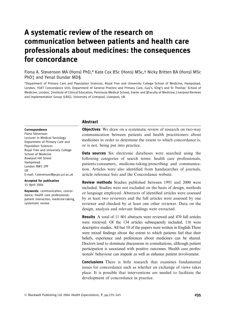 Pdf A Systematic Review Of The Research On Communication Between Patients And Health Care Professionals About Medicines The Consequences For Concordance