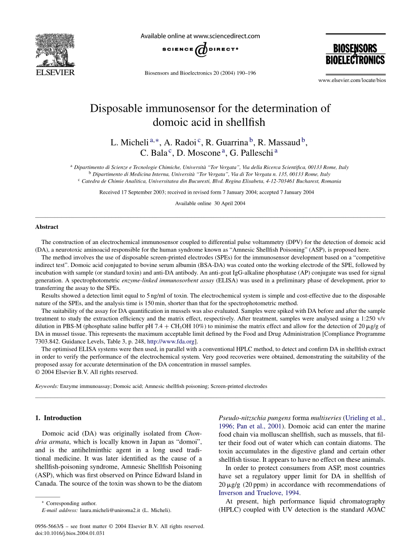 (PDF) Disposable immunosensor for the determination of domoic acid in