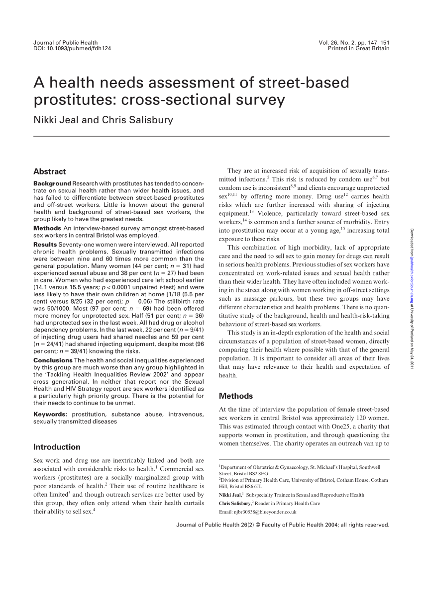 PDF A health needs assessment of street based prostitutes Cross