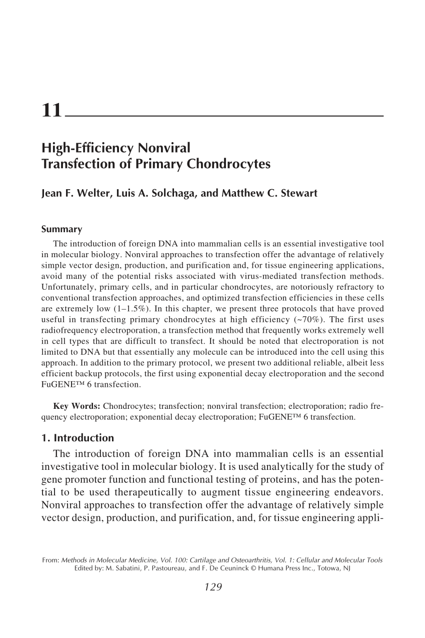 PDF High Efficiency Nonviral Transfection of Primary Chondrocytes