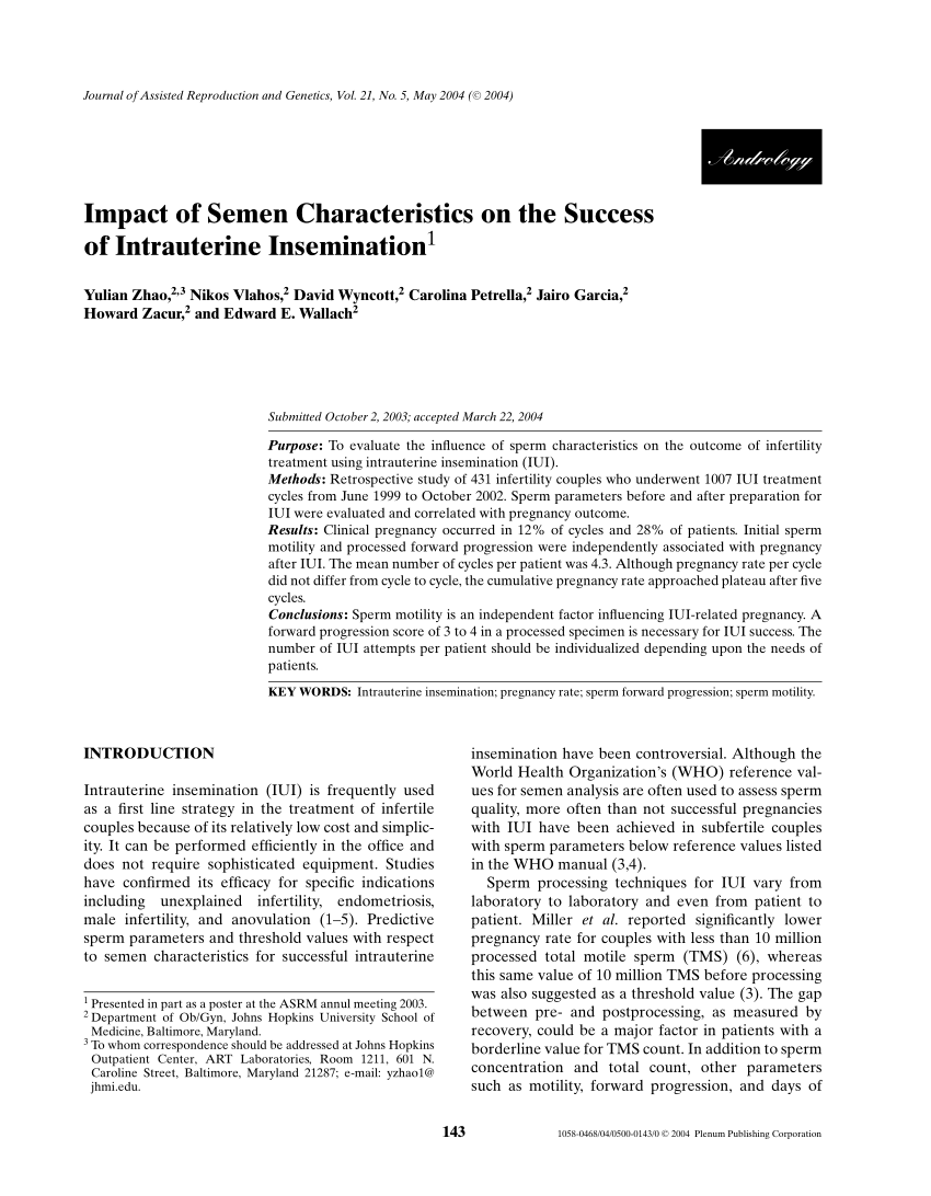 Pdf Impact Of Semen Characteristics On The Success Of Intrauterine Insemination