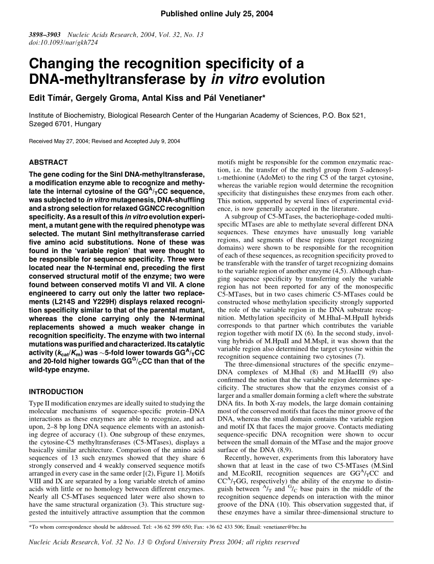 Pdf Changing The Recognition Specificity Of A Dna Methyltransferase By In Vitro Evolution