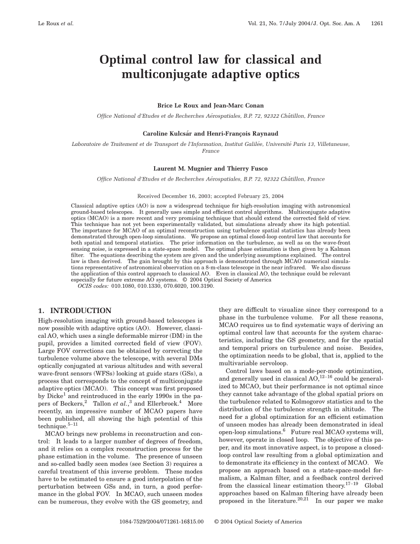 Pdf Optimal Control Law For Classical And Multiconjugate Adaptive Optics