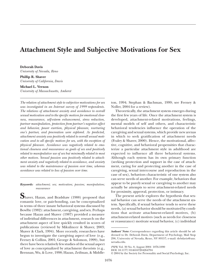 PDF) Attachment Style and Subjective Motivations for Sex