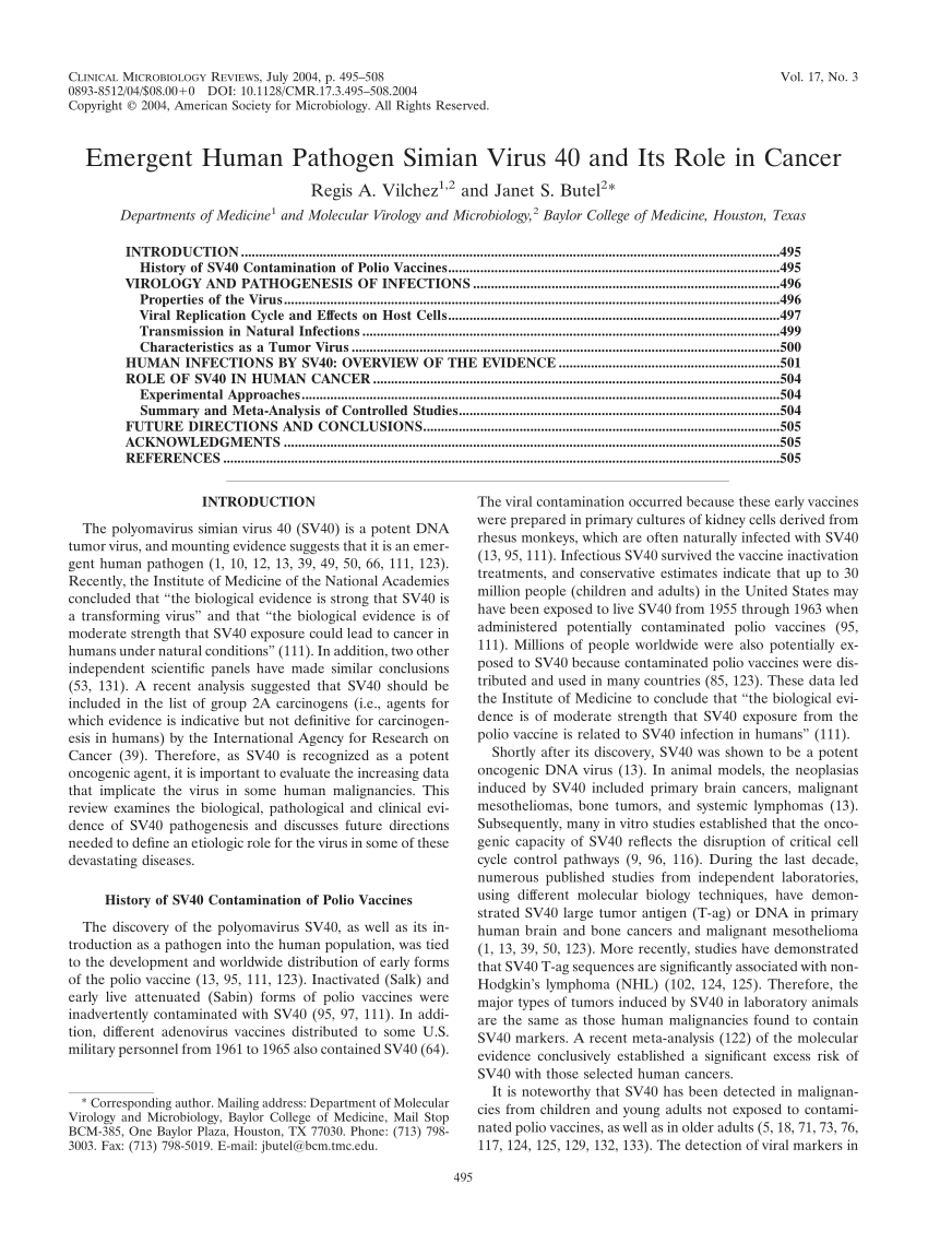 (PDF) Emergent Human Pathogen Simian Virus 40 and Its Role in Cancer