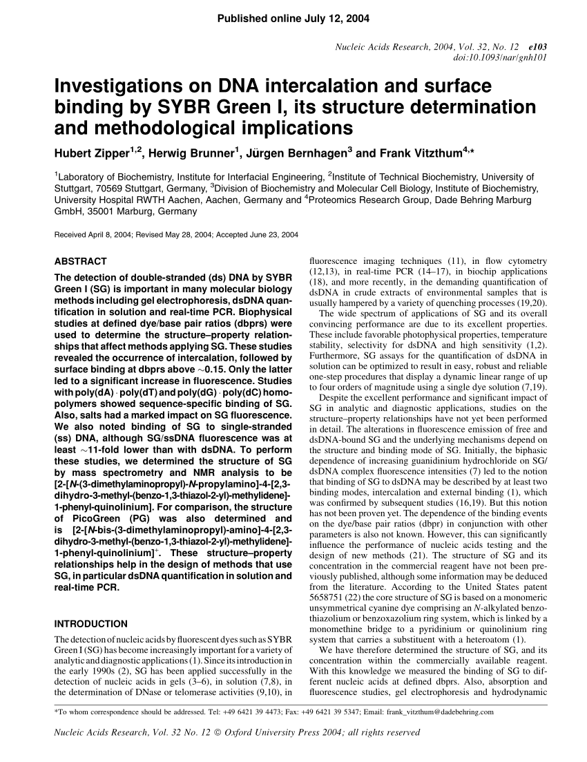 Pdf Investigations On Dna Intercalation And Surface Binding By Sybr Green I Its Structure Determination And Methodological Implications