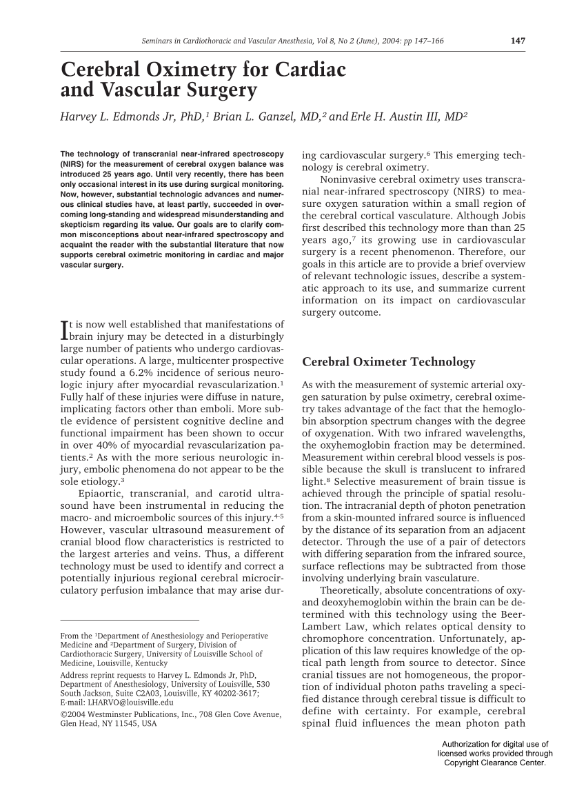 Pdf Cerebral Oximetry For Cardiac And Vascular Surgery