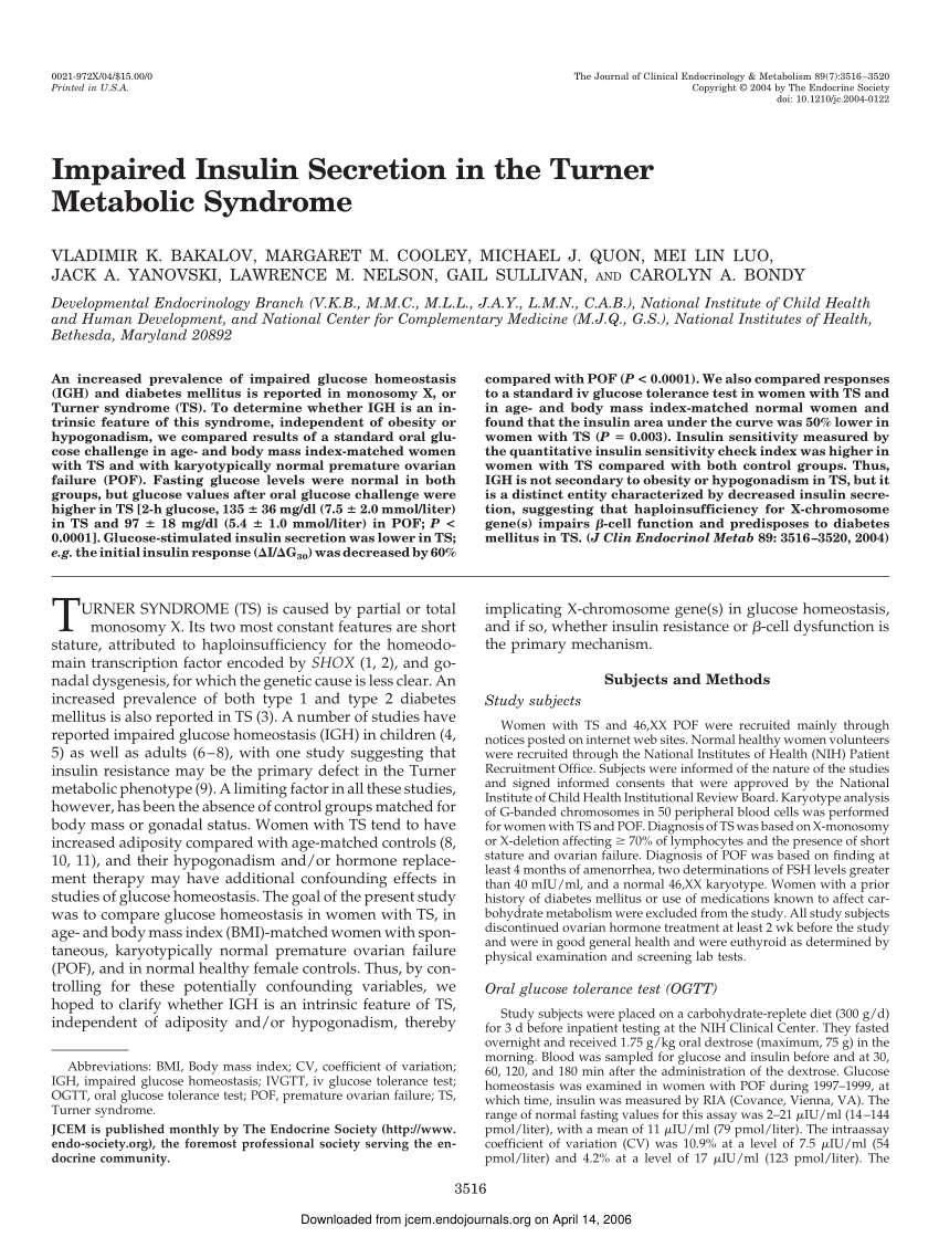 Pdf Impaired Insulin Secretion In The Turner Metabolic Syndrome