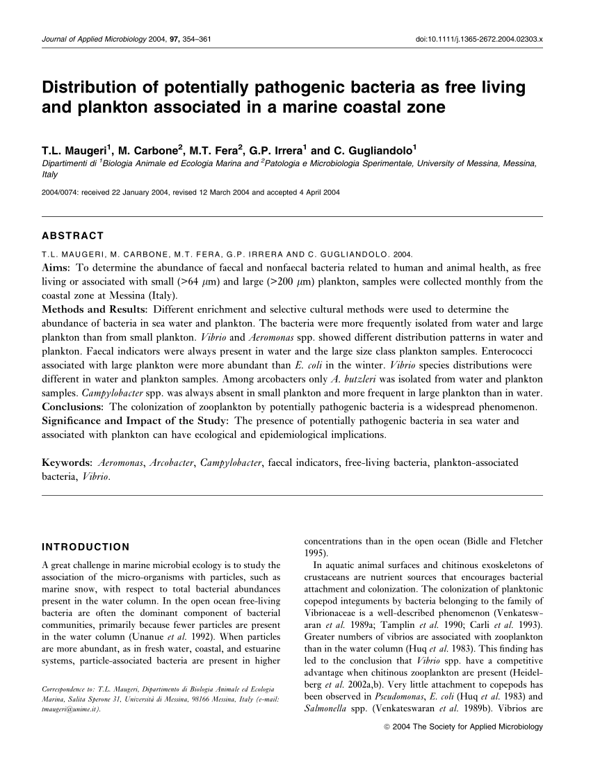 Pdf Distribution Of Potentially Pathogenic Bacteria As Free Living And Plankton Associated In A Marine Coastal Zone