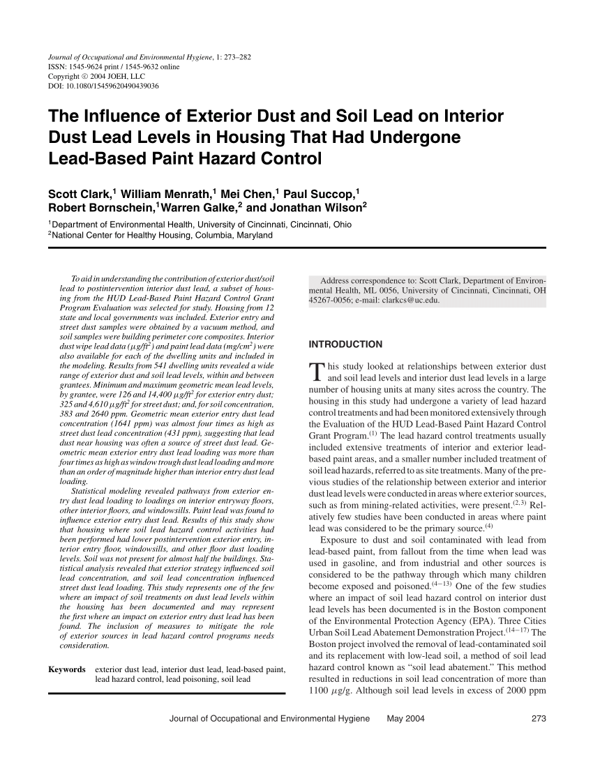 (PDF) The Influence of Exterior Dust and Soil Lead on Interior Dust