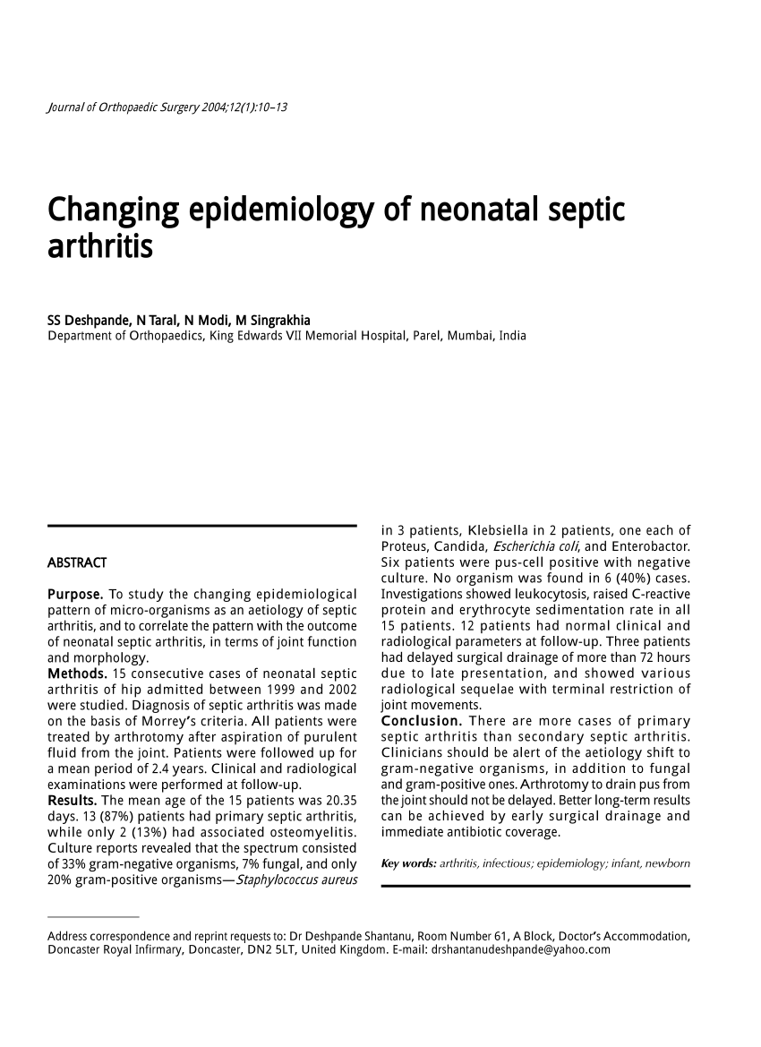(PDF) Changing Epidemiology of Neonatal Septic Arthritis