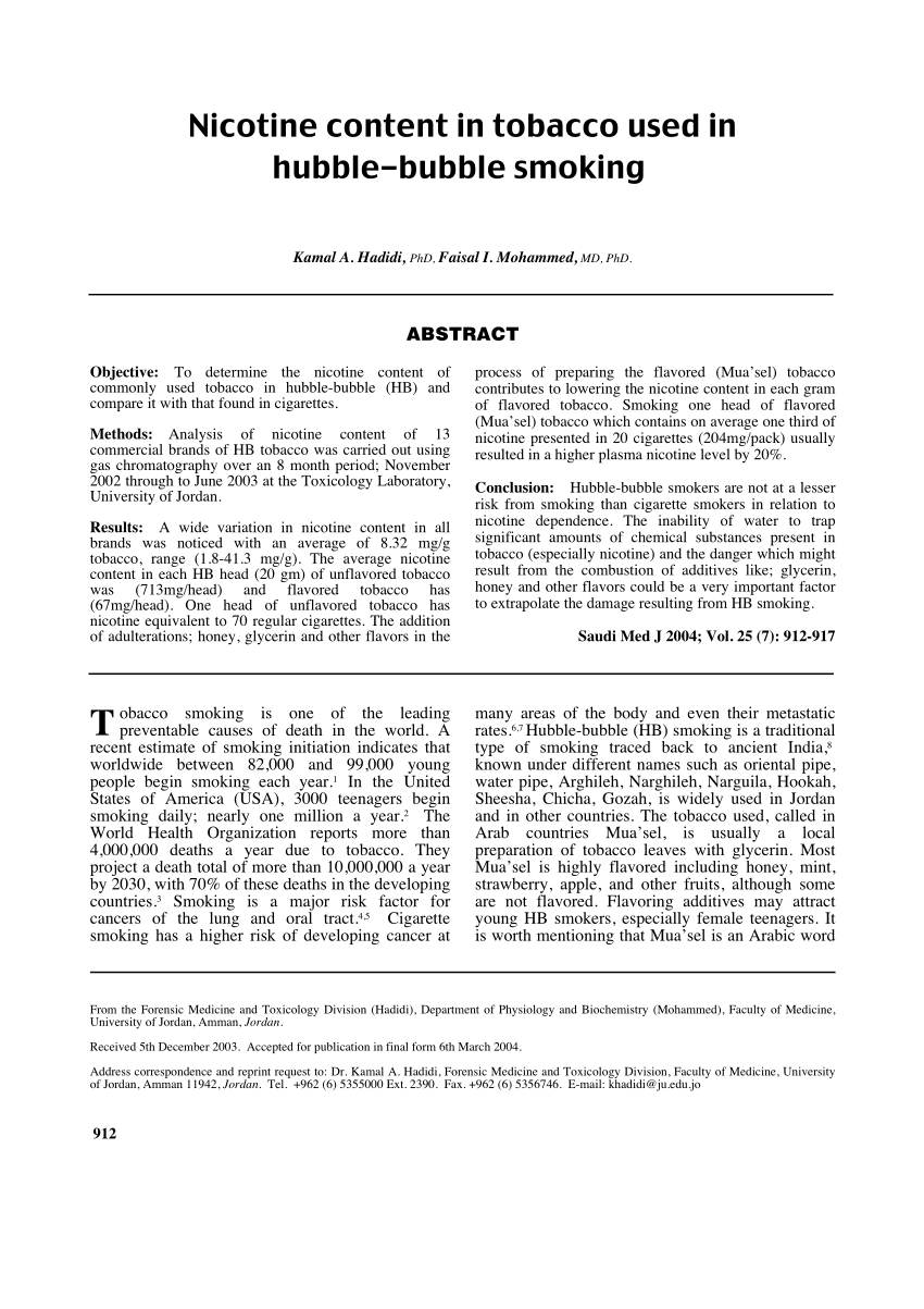 Pdf Nicotine Content In Tobacco Used In Hubble Bubble Smoking