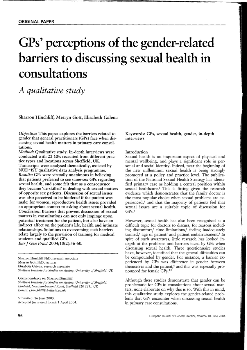 Pdf Gps Perceptions Of The Gender Related Barriers To Discussing Sexual Health In