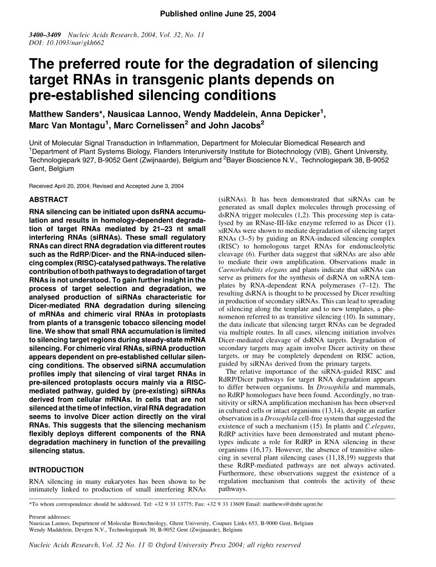 Pdf The Preferred Route For The Degradation Of Silencing Target Rnas In Transgenic Plants Depends On Pre Established Silencing Conditions