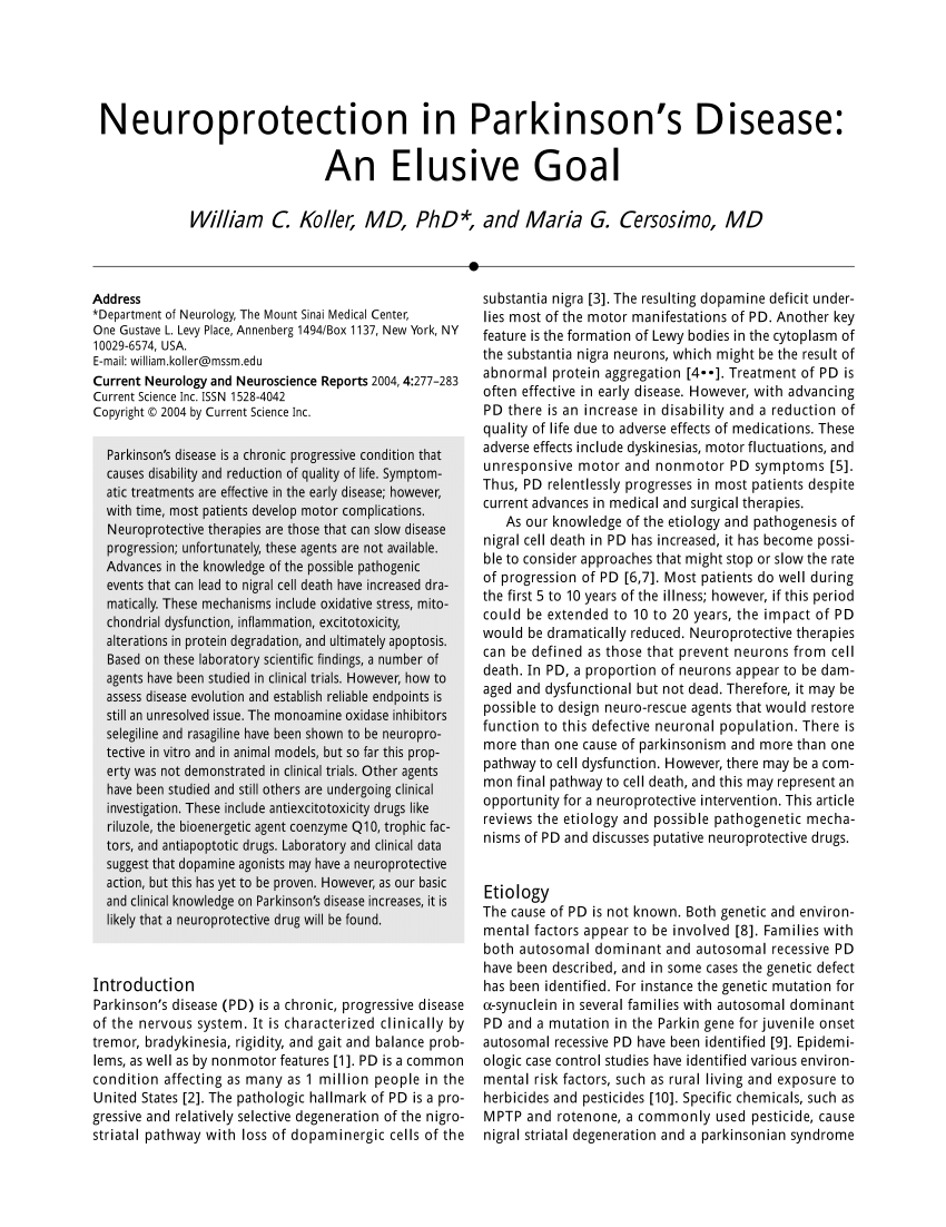 Pdf Neuroprotection In Parkinsons Disease An Elusive Goal