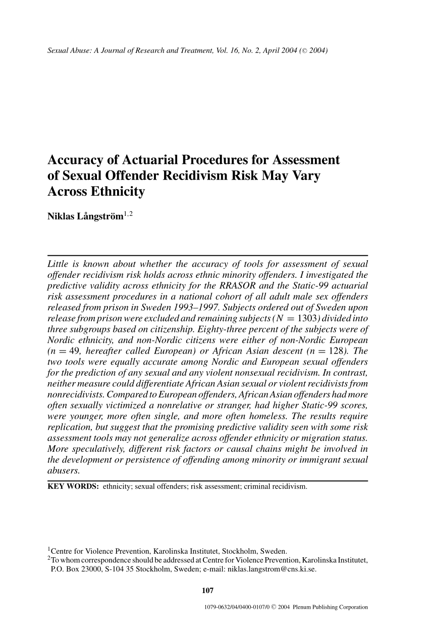 Pdf Accuracy Of Actuarial Procedures For Assessment Of Sexual Offender Recidivism Risk May 4869