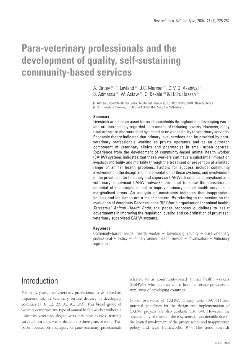 Pdf Para Veterinary Professionals And The Development Of Quality Self Sustaining Community Based Services