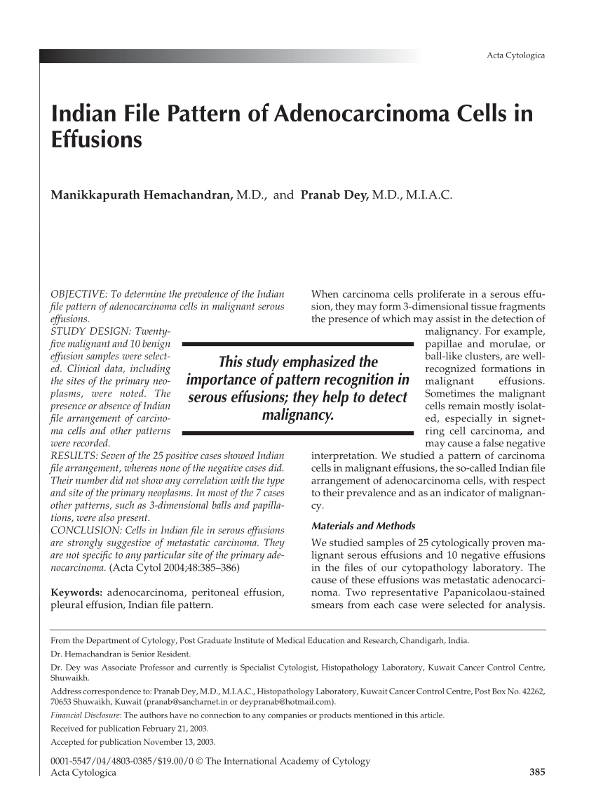 (PDF) Indian File Pattern of Adenocarcinoma Cells in Effusions Acta