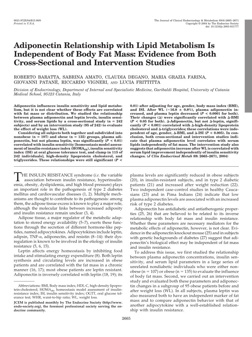 Pdf Adiponectin Relationship With Lipid Metabolism Is Independent Of Body Fat Mass Evidence From Both Cross Sectional And Intervention Studies