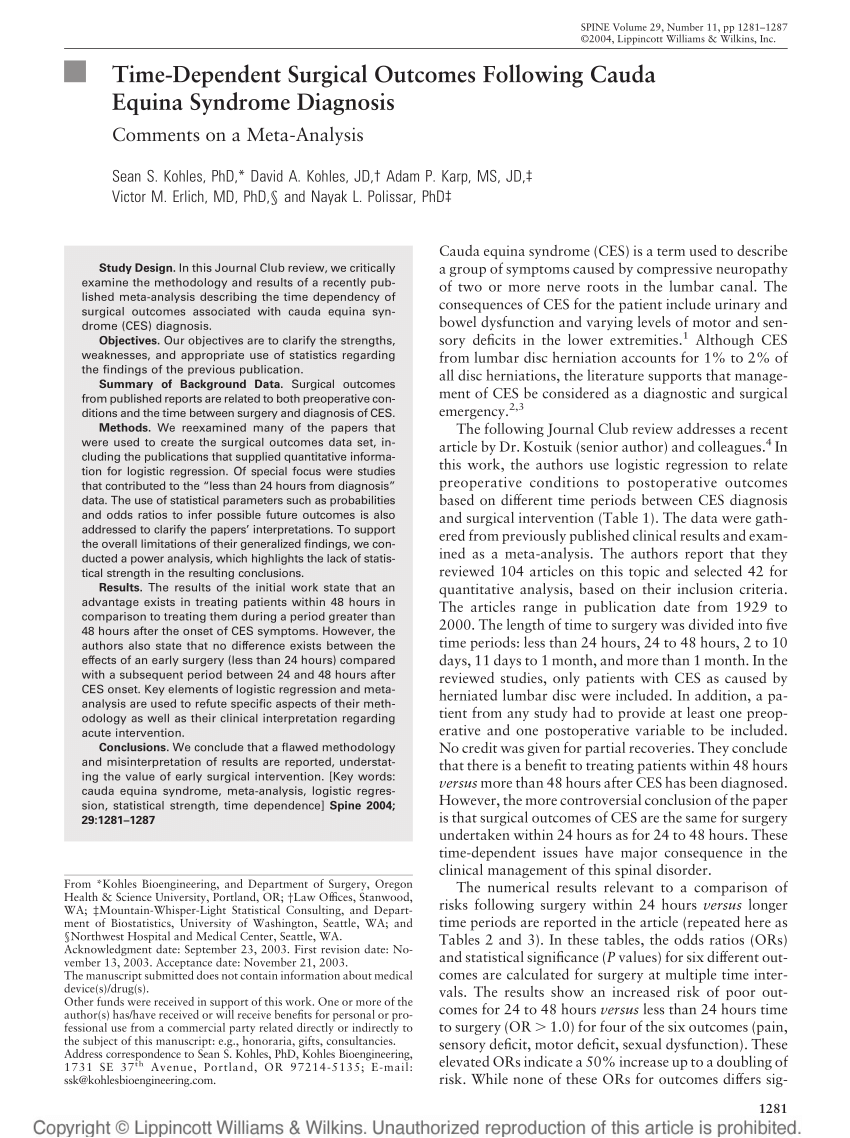 Pdf Time Dependent Surgical Outcomes Following Cauda Equina Syndrome Diagnosis 3826