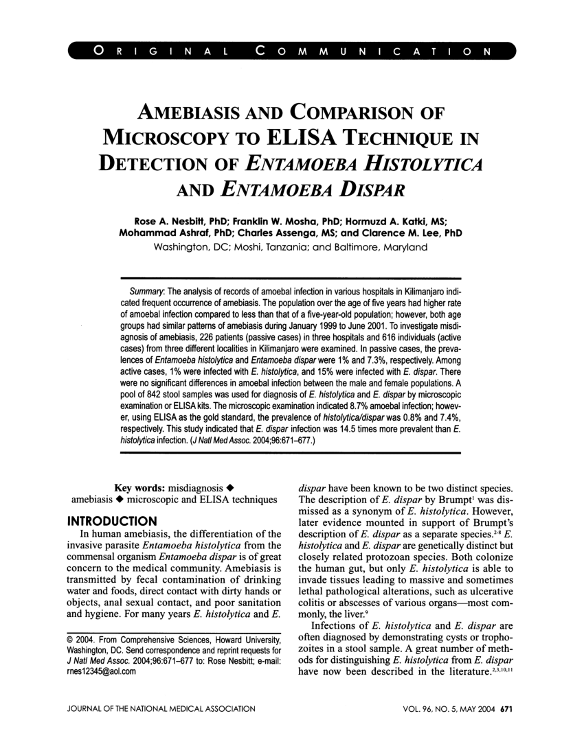 PDF Amebiasis And Comparison Of Microscopy To ELISA Technique In